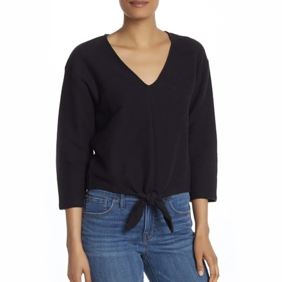 Madewell Texture & Thread Ribbed Knit Quarter Sleeve V-neck Tie Front Top Black - Picture 12 of 12